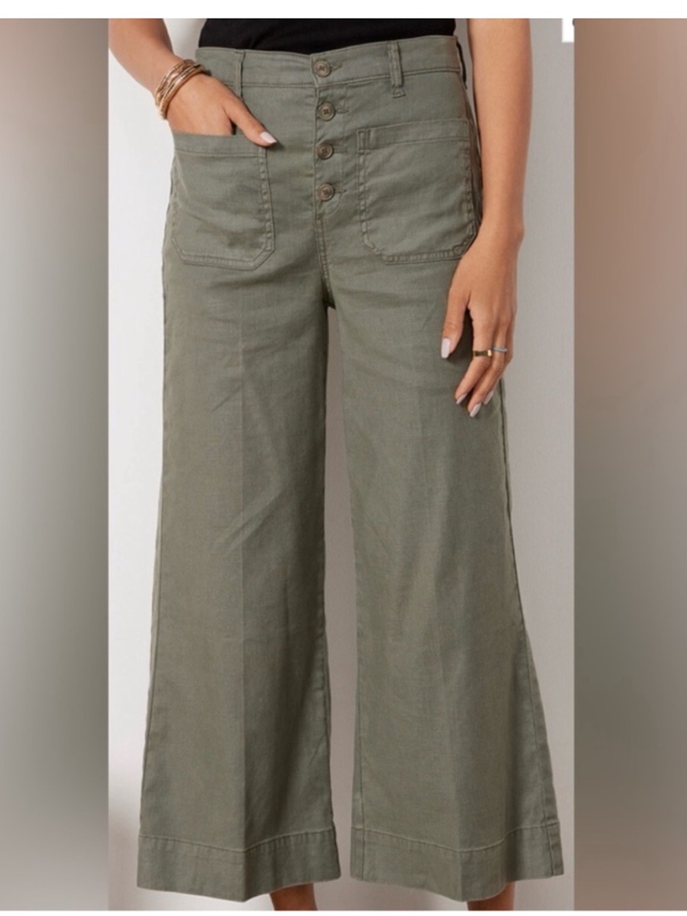 Evereve Joelle Stretch Linen Green Wide Leg Open Button Fly Pants Size 30
